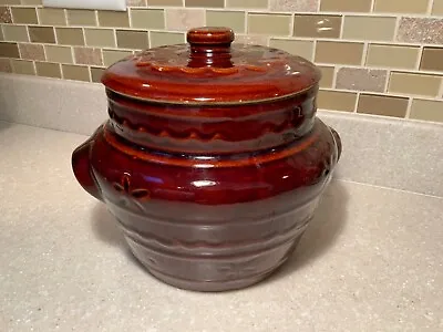 MARCREST BEAN POT With Lid Brown DAISY DOT USA Ovenproof Stoneware Vintage • $18.99