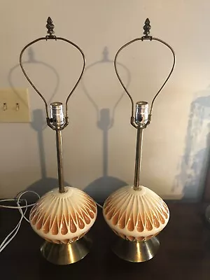 Pair Vintage  Mid Century Modern Orange & White Striped Ceramic Table Lamp • $199