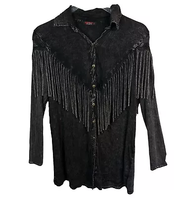 T Party Long Sleeve Fringe Top Black Gray Mineral Wash Button Size S Small • $21.11