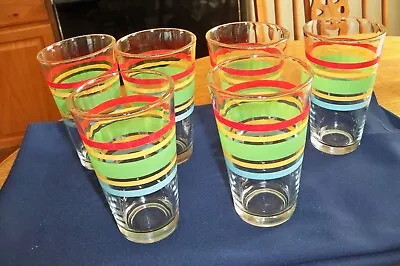 6 Vintage LIBBEY Fiesta Striped 5 3/4  Tall Drinking Glasses Multicolored • $24.99