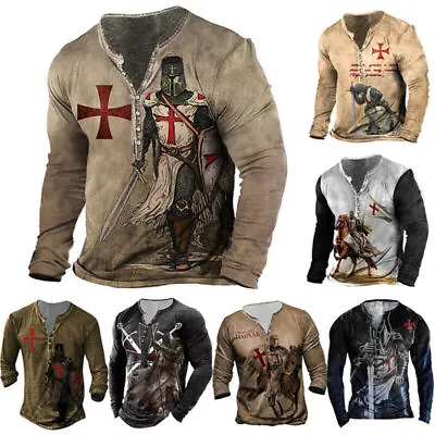 Mens Medieval Knights Templar Crusade 3D Printed Long Sleeve T-Shirts Tee Tops • £18