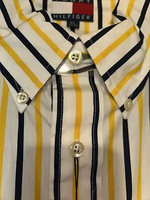 NWT Tommy Hilfiger Men’s Short Sleeve Button Blue Yellow Striped VTG 90s Sz XL • $14.50