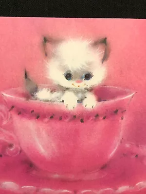 Vintage Hallmark Greeting Card Pink Kitten Kitty Cat Teacup Blank NOS W Envelope • $12