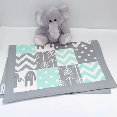 New Unisex Mint Grey + White Elephant Patchwork Cotton Cradle / Pram Baby Quilt • $40