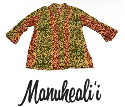 MANUHEALII Button Rayon Top Hawaiian Shirt Women Small Red Green Preowned • $29.99