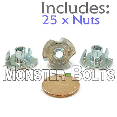 #10-32 X 5/16  - Qty 25 - 3 Prong Tee Nut Straight Barrel Zinc Plated T-Nut • $6.93