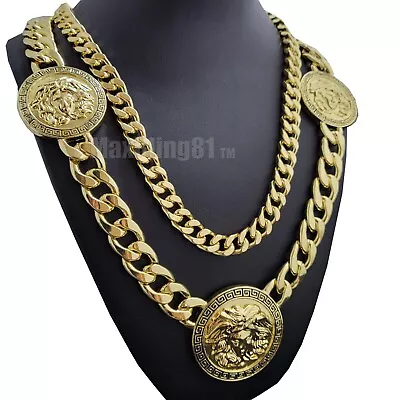Gold Plated Medusa Head 3 Medallion Cuban Link Chain Necklace & 10mm 30  Chain • $13.99
