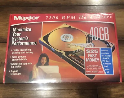 Vintage Maxtor 40GB 7200 RPM 3.5 Inch Hard Drive SEALED NIB • $62.30