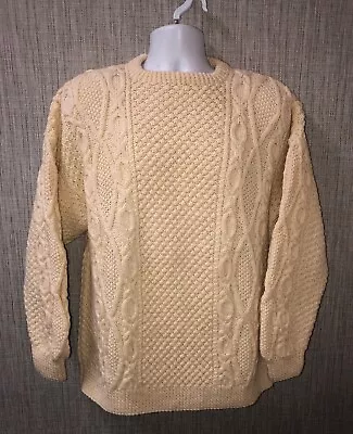 Mens Ivory Hand Knit Crewneck Fisherman Style Sweater 22 Inch Armpit • $29.99