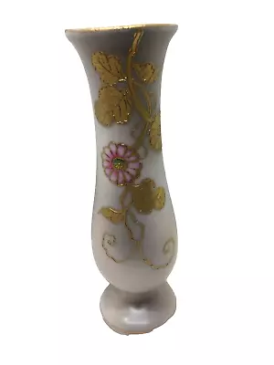 Ucagco Gray & White Bud Vase With Hand Painted Pink And White Gold Flowers Japan • $5