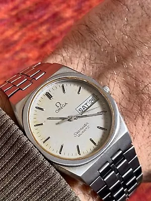 Vintage Omega Seamaster Day Date Quatrz Swiss Made Men's Silver Dial Watch • $227.50