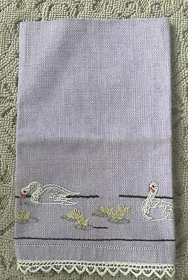 Vintage Hand Embroidered Tea Hand Guest Towel Swans And Lily Pads Crocheted • $12