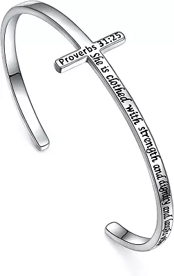 Sterling Silver Sideways Cross Bangle Faith Hope Love Cross Bangle Engraved Brac • $100.28