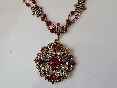 Avon Festoon Maltese Cross Red Rhinestone Gold Tone Beaded Necklace With Earring • $20