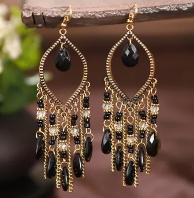 Long Black & Gold Chandelier Bead Earrings Hook Pierced Ears Stud Bohemian E197 • £7.89