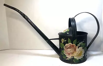 VINTAGE Toleware Watering Can Long Spout Metal Black Floral Hand Painted Tole • $48