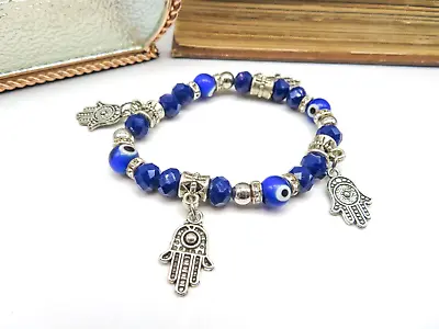 Silver Tone Blue Simulated Crystal Glass Evil Eye Bead Hamsa Charm Bracelet S53 • $11.89