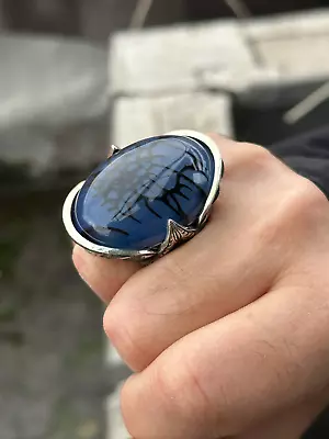 Blue Agate Ring  Silver Large Yemen Agate Gemstone Ring Men Sterling Silver • $165