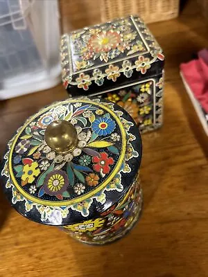 2 Vintage Tins: DAHER Round Metal Floral  England. Square W/ Hinged Lid Holland • $29