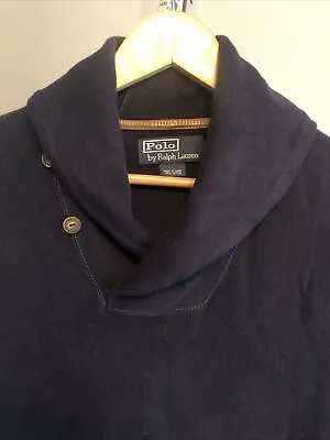 POLO RALPH LAUREN Shawl Collar Jumper Elbow Patches Cotton Navy Sweatshirt Sz S • £12.99