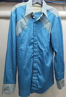 VTG Larry Mahan Men's S Blue Pearl Snap Western Cowboy Shirt 2 Smile Pockets • $17