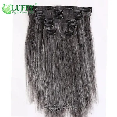 Salt Pepper Seamless PU Clip In Hair Extensions Straight Human Hair Skin Weft • $58.70