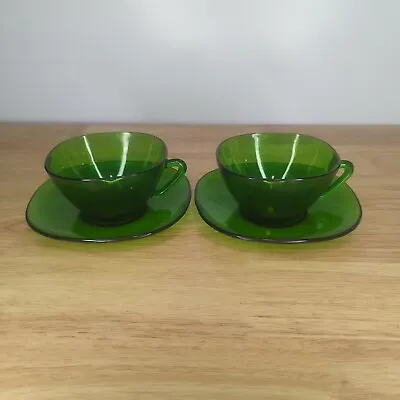Vereco Duralex Set Of 2  Square Tea Cups Saucers  Emerald 4.25  Green Retro VTG • $17.09