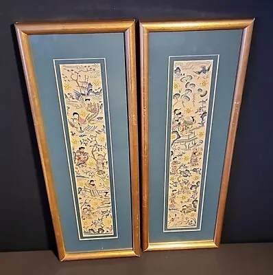 Vintage Pair Of Framed Chinese/Asian Silk Hand Embroidery Panels Gold Stitching • $119.95