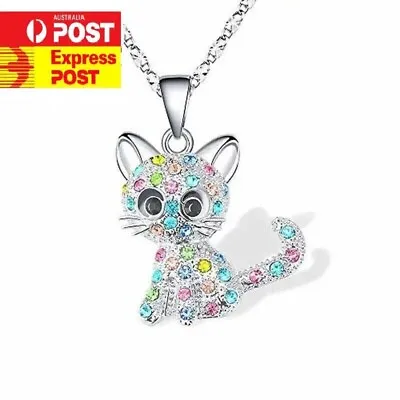 Cute CZ Multi Color Cat Kitten Pendant Necklace For Women Kids Girls • $7.61