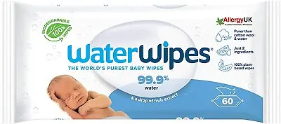 WaterWipes Baby Wipes Biodegradable - 1 Pack Of 60 Wet Wipes • £5.50