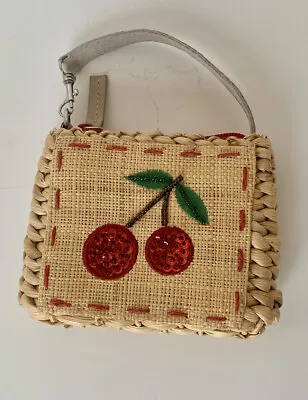 VTG Small Cherries Purse Cornhusk Handbag Beaded Sequined  Embroidery • $12.50