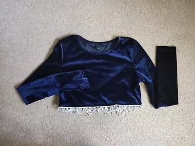 Shein Crop Top Blouse M 8 10 Navy Blue Velvet Sequin Fringes Going Out Party  • £0.99