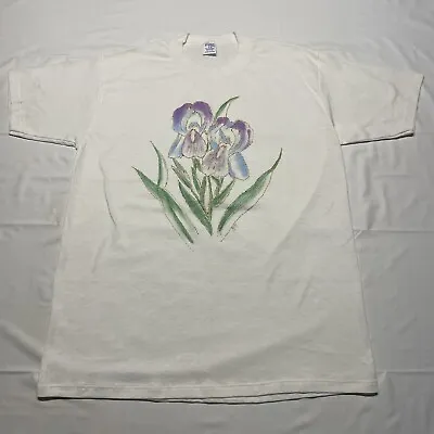 Vintage 90s Single Stitch T-Shirt Mens Large Iris Flowers Plant Art USA Made 80s • $16.99