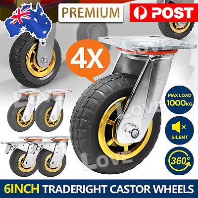 Traderight Castor Wheels 4X 6  150mm Swivel Silent Caster 2 Brakes 1000KG Load • $41.85