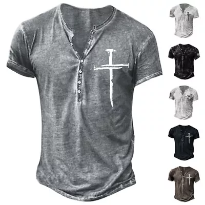 £13.81 • Buy Mens Short Sleeve Vintage Henley Shirt Casual Baggy V Neck Button Tops T Shirt