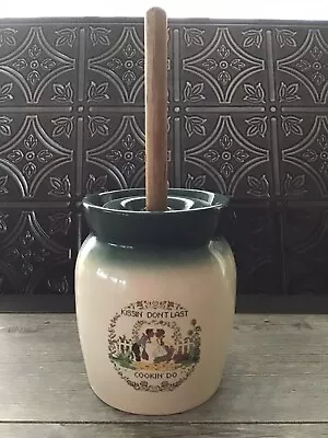 $35 • Buy Vintage Ceramic Butter Crock Churn W/ Lid & Wooden Mixer