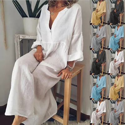 $26.94 • Buy Plus Size Women Cotton Linen Loose Long Maxi Dress Ladies Casual Kaftan Sundress