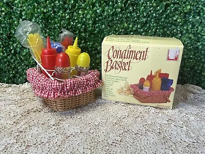 Adorable Vintage Condiment Set In A Basket. Salt Pepper Ketchup & Mustard Set • $35