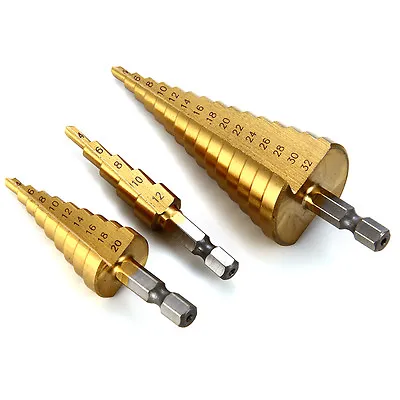 3 Pcs Large HSS Steel Step Cone Drill Titanium Bit Set Hole Cutter 4-12/20 /32mm • £9.99