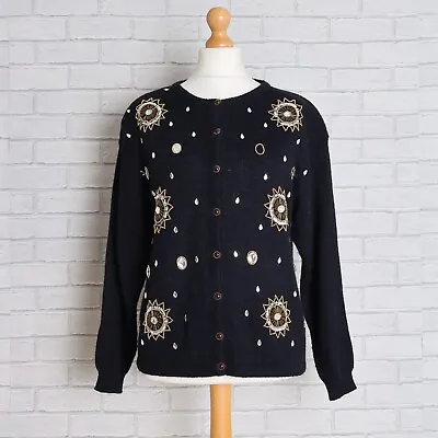 Vintage Bader 90's L Black Embellished Beaded Knit Cardigan Shoulder Pads • £24.99