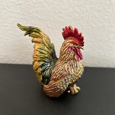 Vintage Chicken Rooster Trinket Treasure Box Crystal & Enamel Hinge • $15