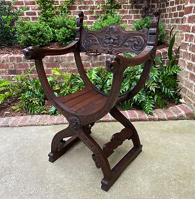 Antique Italian Savonarola Dante Chair Carved Oak Renaissance Lion Shield • $1865