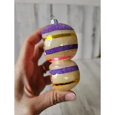 Vintage Radko Double Reflector Shiny Bright Striped Purple Glitter Ornament Xmas • $30.46