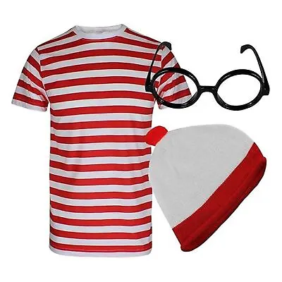 Adults/Kids Red/White Stripe T-Shirt Hat Glasses Fun Costume World Book Day Fan • £10.99