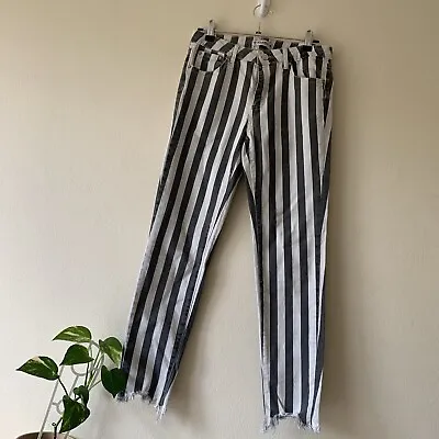$29 • Buy Pull And Bear Mid Rise Skinny Jeans EUR 38 Stripe Black And White 90’s Faded