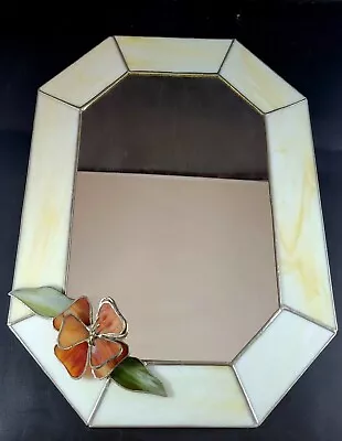 Vintage Octagon Stain Glass Framed W/ Orange Slag Floral Edge Mirror 16”x 12  • $45