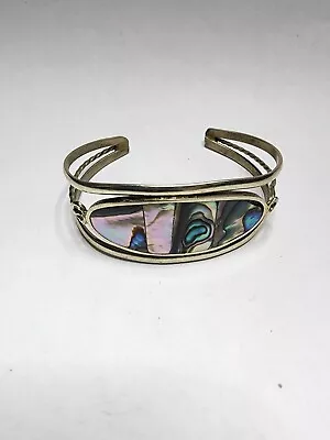 Vintage ALPACA Mexico CUFF BRACELET ABALONE Inlay - Oval • $19.98