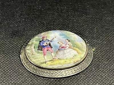 Antique Victorian Hand Painted  Ceramic Tile Portrait Brooch White Metal 99 • £25