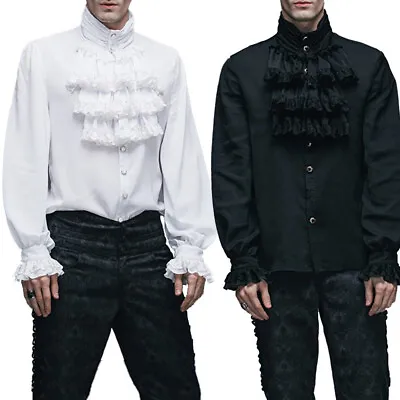 Hot Mens Gothic Stand-up Collar Victorian Medieval Ruffle Shirt Pleated Cuff Top • $28.66