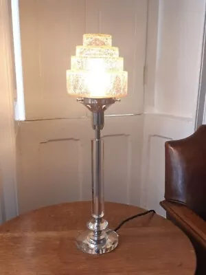 Chrome And Glass Art Deco Style Table Lamp With Tiered Pink Crackle Glass Shade • £110